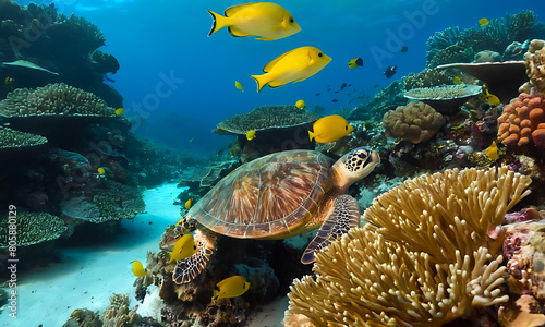 Turtle swimming among colorful fish on a vibrant coral reef.
