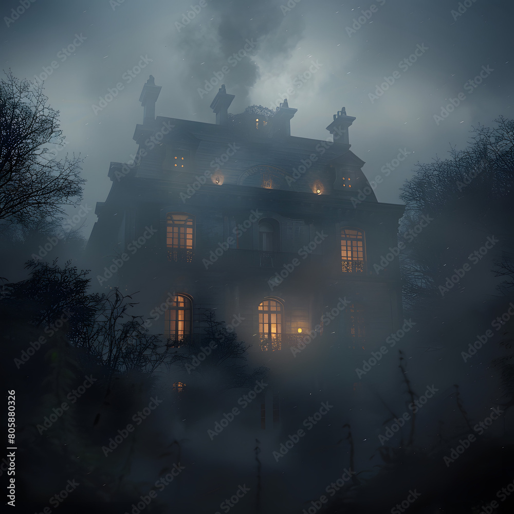 Old haunted abandoned mansion in creepy night forest.