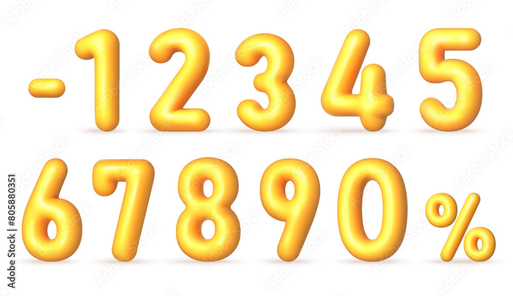 Yellow 3D realistic numbers. Voluminous inflated numbers, discount percentages 0,1, 2, 3,4, 5, 6, 7, 8, 9. Vector illustration Yellow 3D realistic numbers. Voluminous inflated numbers, discount percentages 0,1, 2, 3,4, 5, 6, 7, 8, 9. Vector illustration