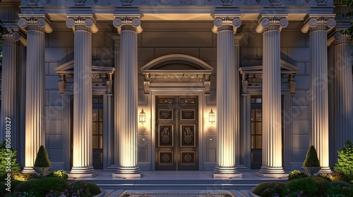 Greek Revival entrance with columns and a pediment photo