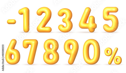 Yellow 3D realistic numbers. Voluminous inflated numbers, discount percentages 0,1, 2, 3,4, 5, 6, 7, 8, 9. Vector illustration