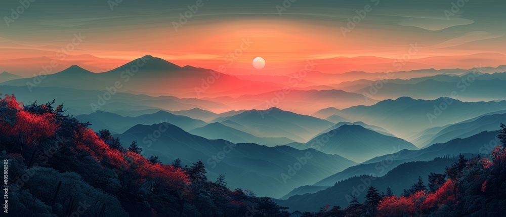 Stunning landscape with sunset on lush mountains, starry night sky with bright moon.
