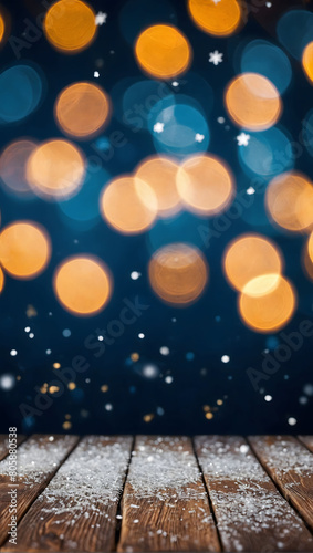 Festive Shimmer  Shiny Luxury Bokeh Christmas Background with a Glittering Snowy Winter Backdrop and a Wooden Tabletop Ready for Product Showcase.