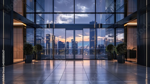 High-rise penthouse entrance with floor-to-ceiling windows and skyline views