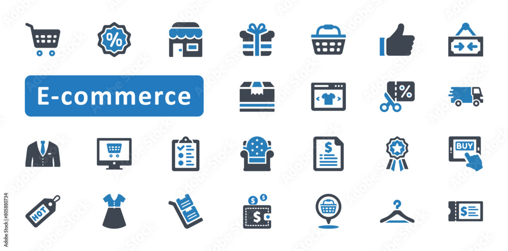 E-commerce icon set. online shopping, ecommerce, discount, promotion, sale, e-business, buy, business, payment, offer, price tag, purchase. Blue Solid icons. Vector illustration