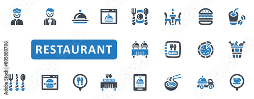 Restaurant Icon Set. cooking, food, menu, eat, chef, waiter, cook, service, catering, delivery, coffee, drink, buffet, dinner. Blue Solid icons. Vector illustration