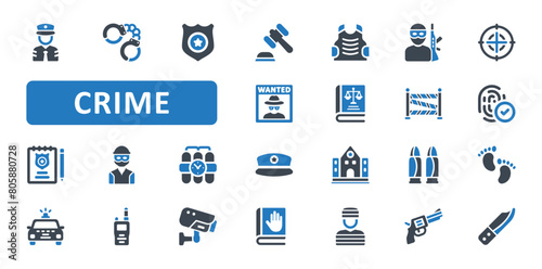 Crime Icon Set. criminal, police, investigation, handcuff, justice, terrorist, weapon, gun, knife, evidence, footprint, fingerprint. Blue Solid icons. Vector illustration