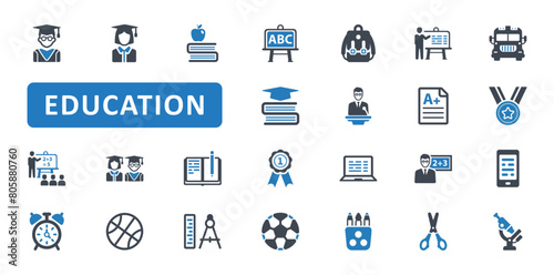 Education icon set. learning, study, student, students, graduation, university, school, professor, teacher, classroom, elearning, book. Blue Solid icons. Vector illustration
