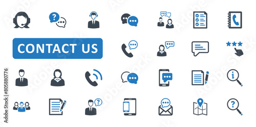 Contact us icon set. contact, us, hot line, information, support, help, service, mail, phone, chat, call, address, email, customer. Blue Solid icons. Vector illustration