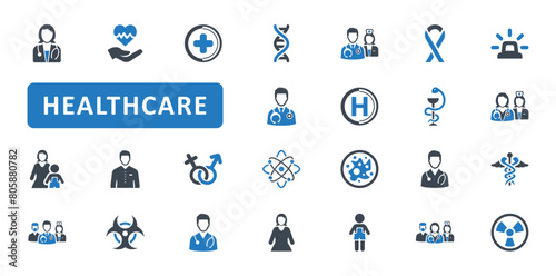 Healthcare Icon Set. health, medical, care, doctor, physician, hospital, nurse, ambulance, emergency, help, medicine, clinic, health care. Blue Solid icons. Vector illustration