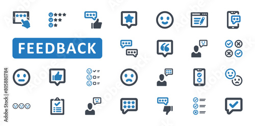 Feedback Icon Set. review, rating, satisfaction, survey, rate, customer, support, service, help, like, positive, opinion, questionnaire. Blue Solid icons. Vector illustration