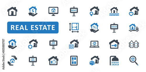 Real estate icon set. property, apartment, building, construction, loan, mortgage, home, house, rent, sale, discount, plan. Blue Solid icons. Vector illustration