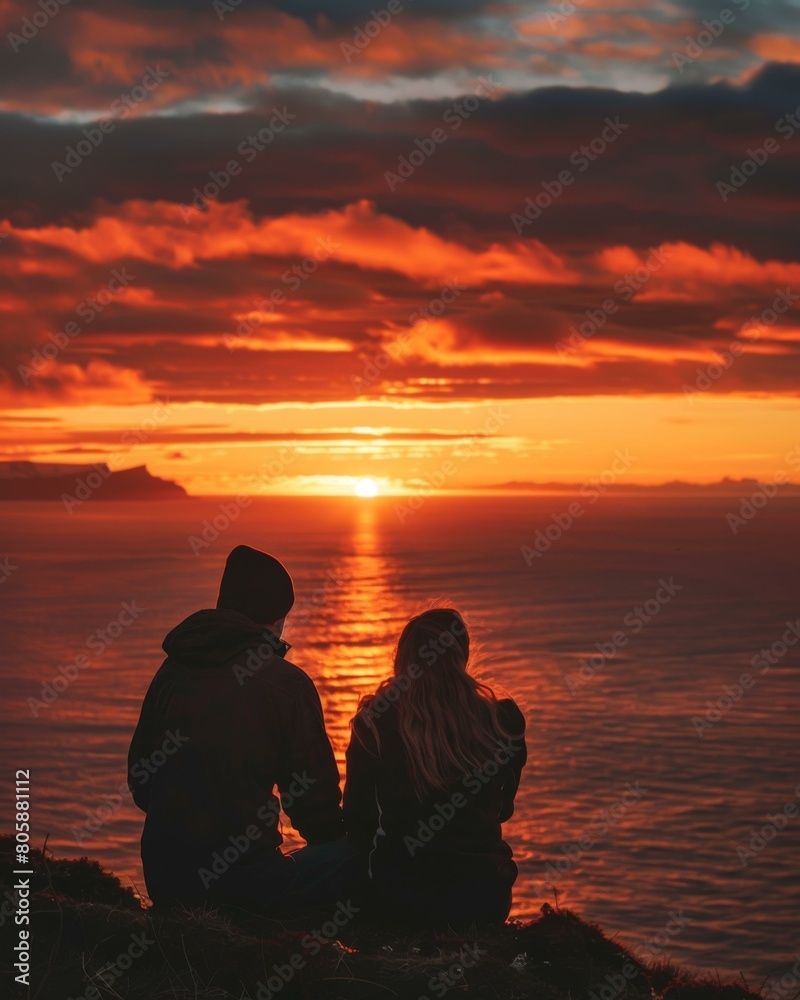 A couple sits on a cliff and watches the sunset over the ocean. AI.