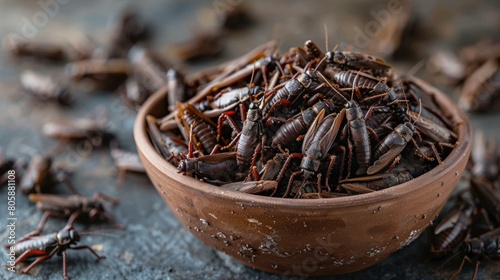 A bowl of edible crickets on a table. AI. photo