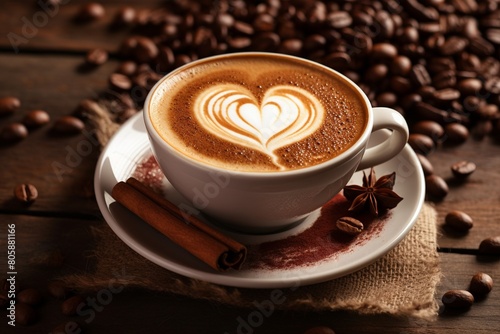 Cup of coffee with latte art of heart shape  love to coffee concept