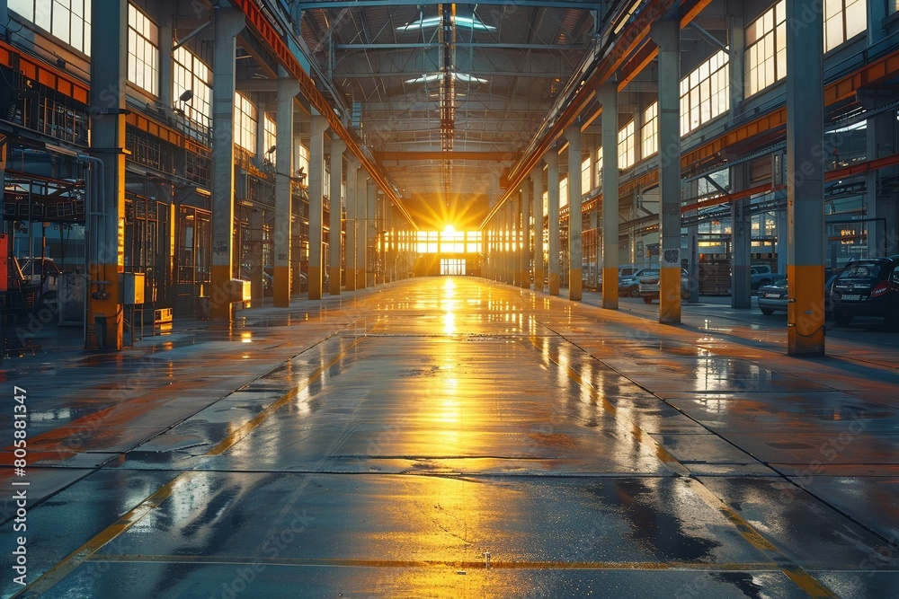 Dawn breaks over an auto manufacturing plant, wide angle, symbol of industry strength wallpaper , closeup