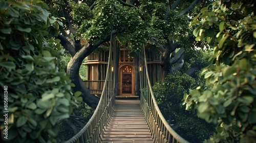 Luxurious treehouse entrance with a rope bridge and a leafy canopy photo