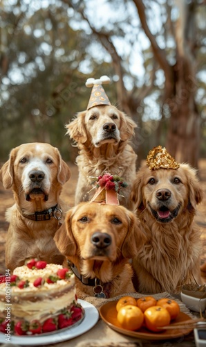 Four golden retrievers sit around a table in the woods, celebrating a birthday. AI.