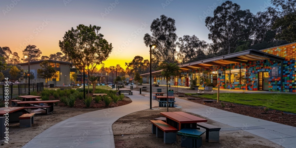 Obraz premium A park with a colorful building, picnic tables, and a walking path. AI.