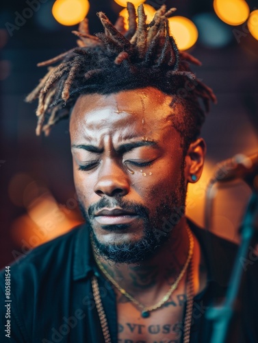Portrait of a man with dreadlocks and closed eyes. AI.