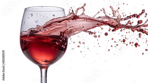 Stunning photo of red wine spilling from a glass on a pure white backdrop