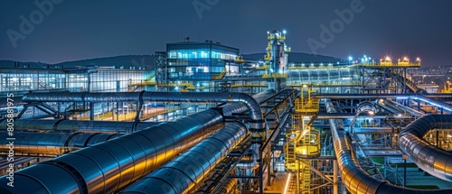 An industrial facility with pipelines and a factory building illuminated at night. AI.