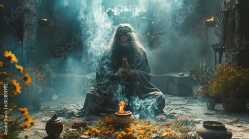 A long-haired person wearing a dark robe is shown meditating in a stone room. AI.