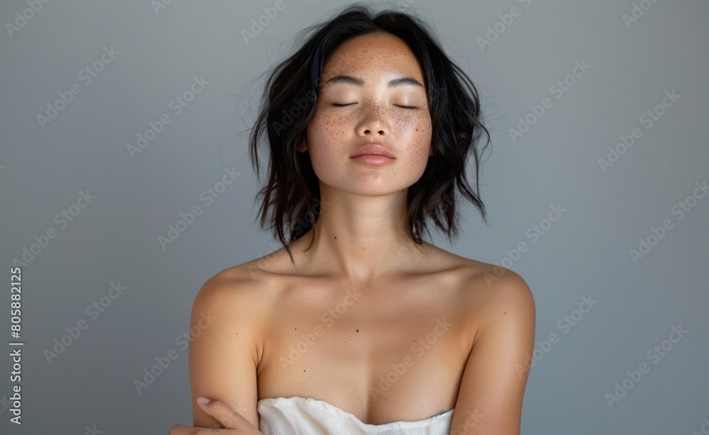 Obraz premium Serene Asian Woman in White Strapless Top with Eyes Closed