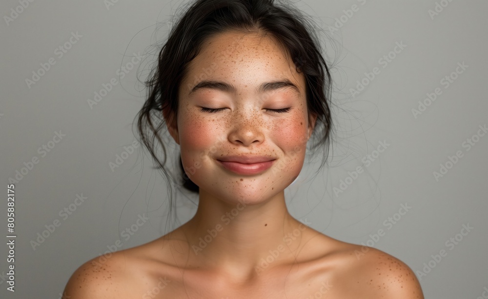Obraz premium Serene Young Woman with Freckles Smiling with Closed Eyes