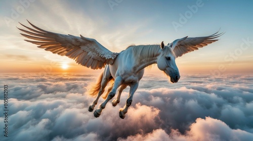 A majestic white pegasus soars through the clouds. AI. © serg3d