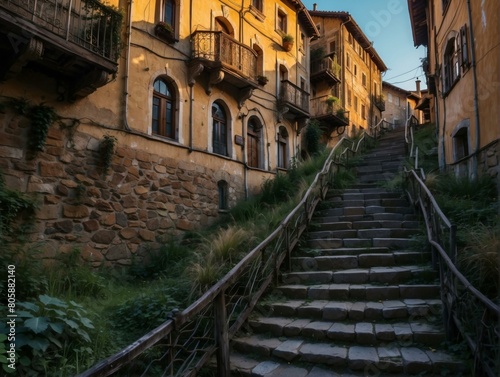 Stone steps lead up to a narrow street lined with old stone buildings. AI.