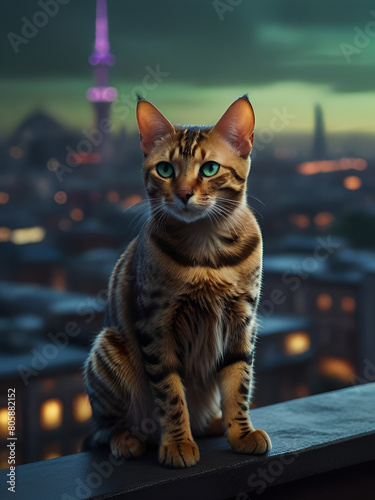 portrait of a bengal cat on the evening town background © Jam.ilia