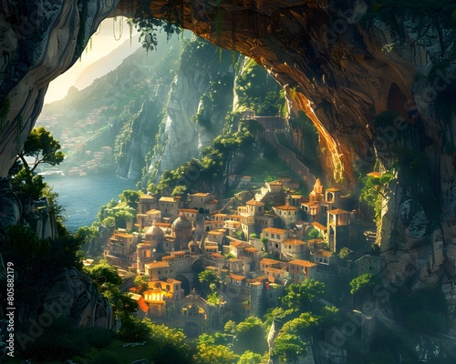 Majestic Ancient City Nestled in Hollow Mountain Illuminated by Natural Light