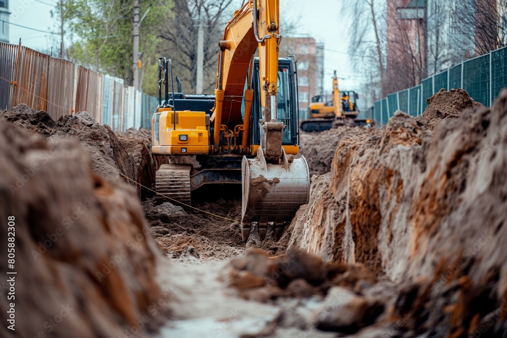 Urban Excavation with Excavators Laying Large Pipes Urban Excavation with Excavators Laying Large Pipes