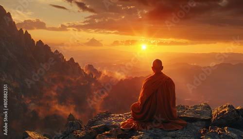 Recreation of buddhist monk meditating in a mount at sunset photo
