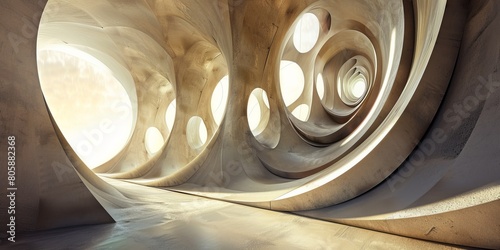 Surreal Swirling Tunnel With Circular Openings and Warm Light photo