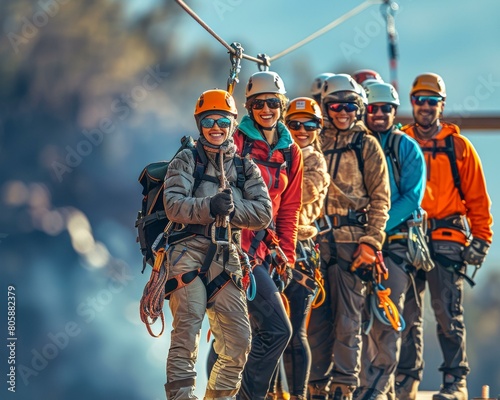 A group of friends ziplining through a forest. AI. photo