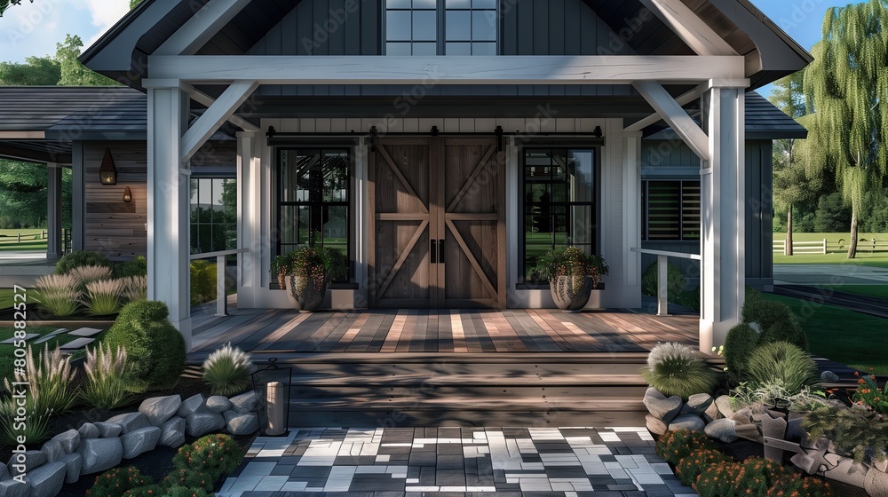 Modern Farmhouse entrance with a barn door and a wrap-around porch