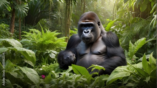 Gentle Gorilla Gardener Tending to His Lush Jungle Botanical Wonderland