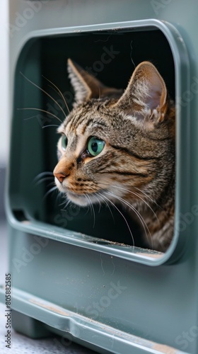 A cat peeks out of a plastic container. AI. © serg3d