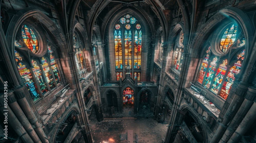 A stained glass window in an abandoned church. AI.