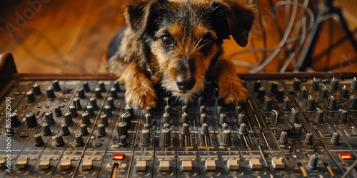 A small, shaggy brown dog sits on a large, professional sound mixing board. AI.