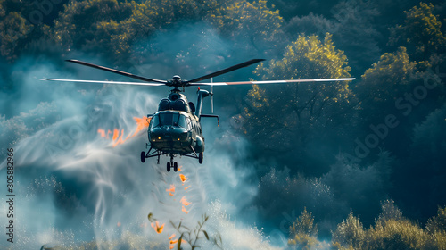 Un hélicoptère en vol bas au-dessus d'une zone forestière en feu.