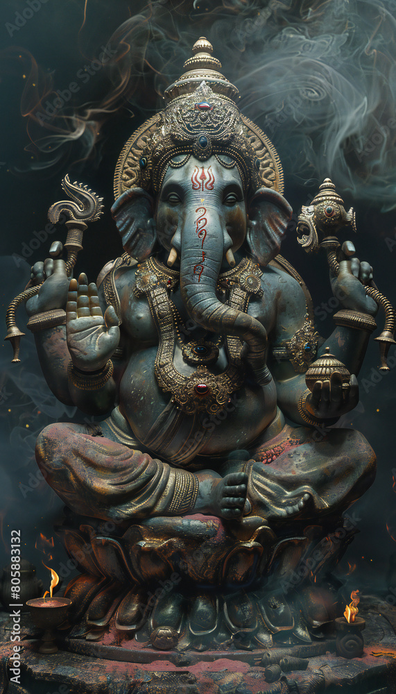 Vertical recreation of Ganesha deity hinduist with spiritual atmosphere around