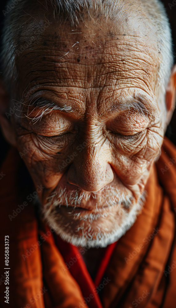 Vertical recreation of a buddhist old monk with eyes closed meditating Vertical recreation of a buddhist old monk with eyes closed meditating