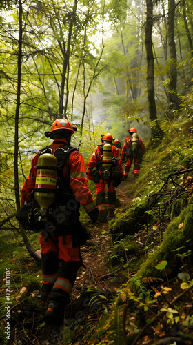 Un groupe de pompiers en uniforme orange et jaune marchant en file le long d'un sentier forestier.