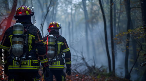 Deux pompiers avançant à travers une forêt avec de la fumée.