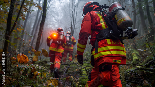 Une équipe de pompiers en combinaisons avançant à travers une forêt.
