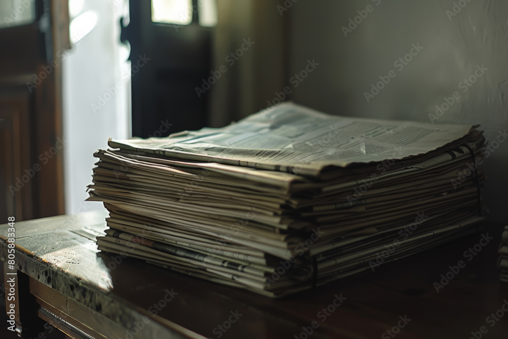 Stacks of newspapers sit, stories silenced in the quiet of soft afternoon light. Stacks of newspapers sit, stories silenced in the quiet of soft afternoon light.