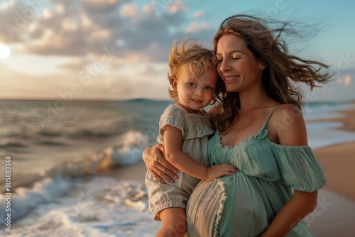 Mother and Child Enjoying Sunset on the Beach